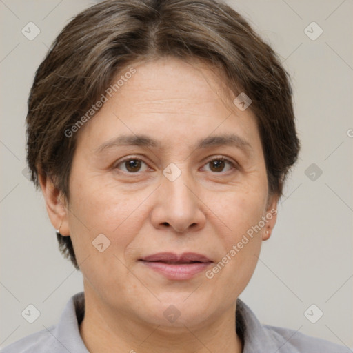 Joyful white adult female with short  brown hair and brown eyes