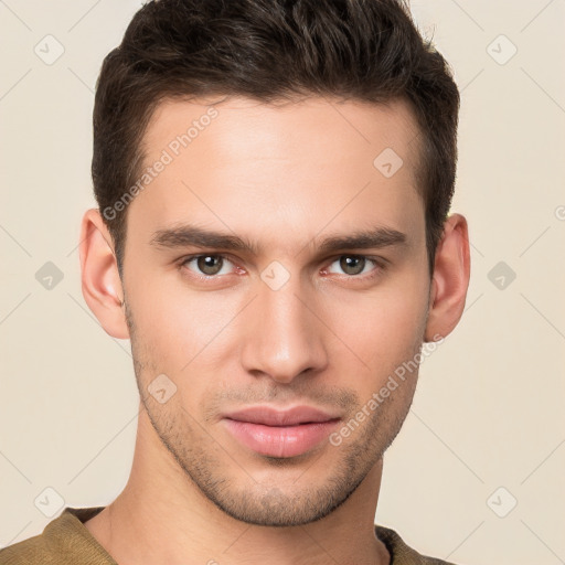 Neutral white young-adult male with short  brown hair and brown eyes