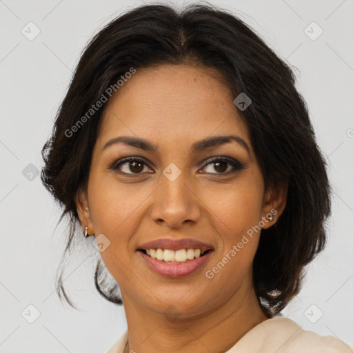 Joyful latino young-adult female with long  brown hair and brown eyes