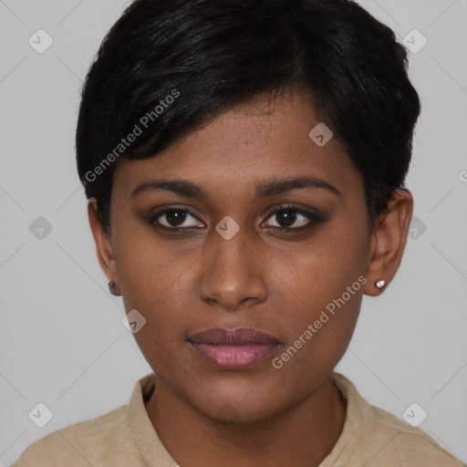 Neutral asian young-adult female with short  brown hair and brown eyes