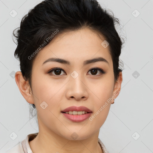 Joyful asian young-adult female with short  brown hair and brown eyes