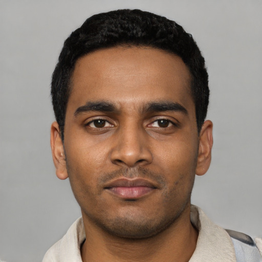 Neutral latino young-adult male with short  black hair and brown eyes