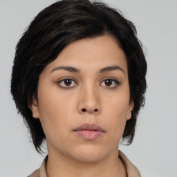 Neutral asian young-adult female with medium  black hair and brown eyes