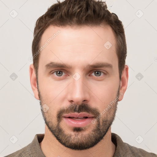 Neutral white young-adult male with short  brown hair and grey eyes