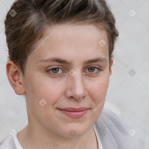 Joyful white young-adult female with short  brown hair and grey eyes