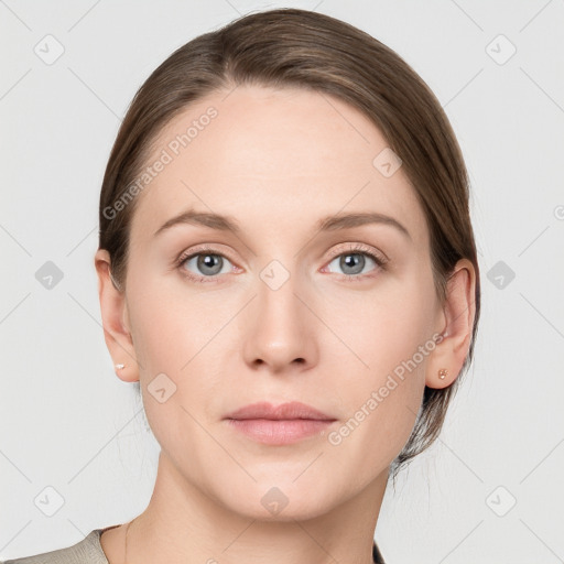 Neutral white young-adult female with medium  brown hair and grey eyes