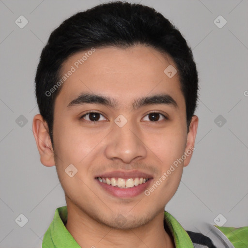 Joyful latino young-adult male with short  brown hair and brown eyes