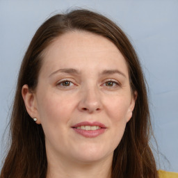 Joyful white adult female with long  brown hair and grey eyes