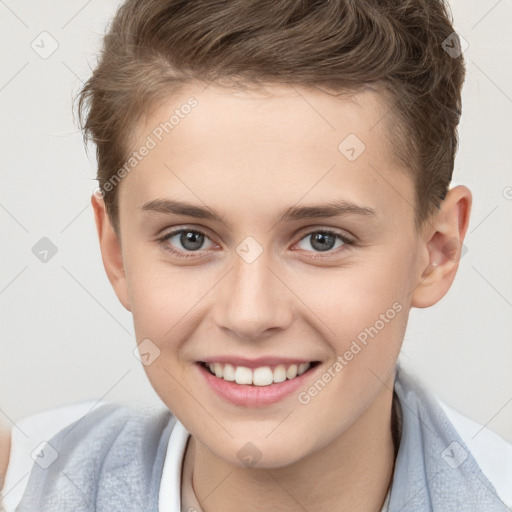 Joyful white child male with short  brown hair and brown eyes