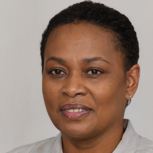 Joyful black adult female with short  brown hair and brown eyes