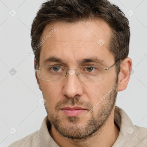 Neutral white adult male with short  brown hair and brown eyes