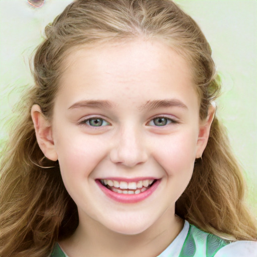 Joyful white child female with long  brown hair and green eyes