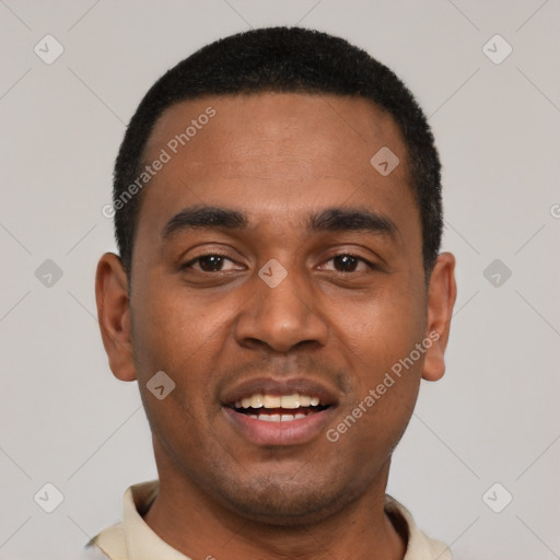Joyful black young-adult male with short  black hair and brown eyes
