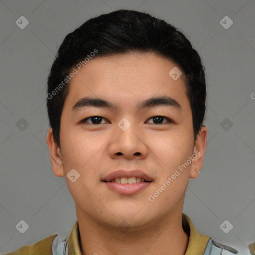 Joyful latino young-adult male with short  black hair and brown eyes