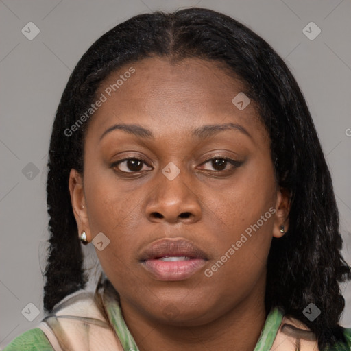 Neutral black young-adult female with medium  brown hair and brown eyes