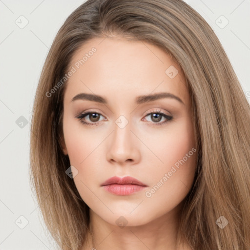 Neutral white young-adult female with long  brown hair and brown eyes