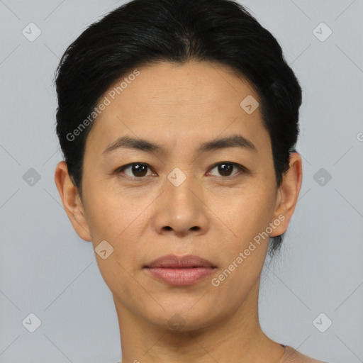 Joyful asian young-adult female with short  black hair and brown eyes