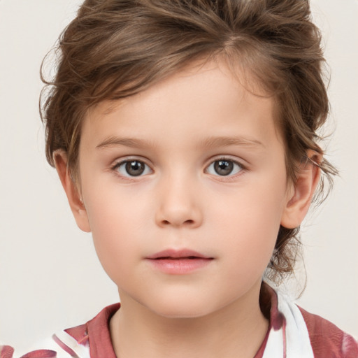 Neutral white child female with medium  brown hair and grey eyes