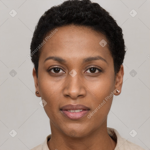 Neutral black young-adult female with short  black hair and brown eyes