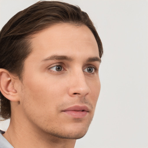 Neutral white young-adult male with short  brown hair and grey eyes