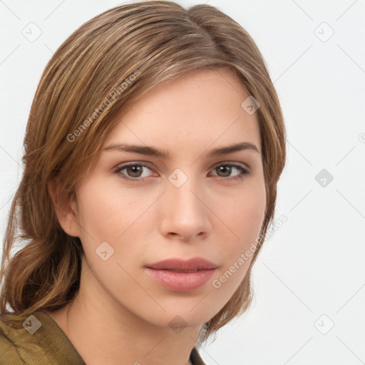 Neutral white young-adult female with medium  brown hair and brown eyes