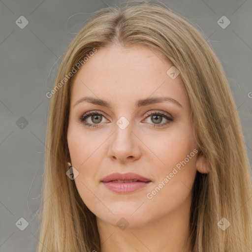 Joyful white young-adult female with long  brown hair and brown eyes