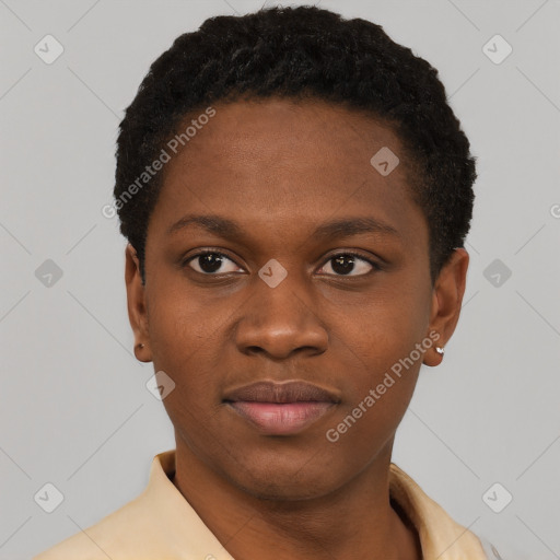 Joyful latino young-adult female with short  black hair and brown eyes