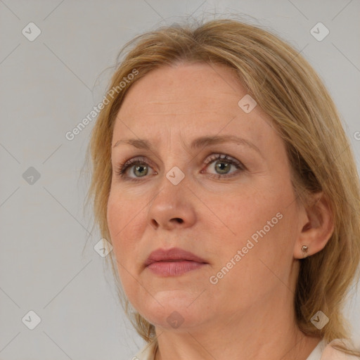 Neutral white adult female with medium  brown hair and brown eyes