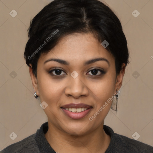 Joyful latino young-adult female with short  black hair and brown eyes