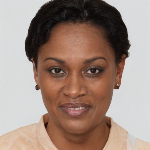 Joyful black young-adult female with short  black hair and brown eyes