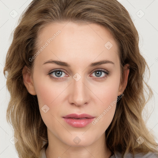 Neutral white young-adult female with long  brown hair and grey eyes