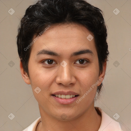 Joyful latino young-adult female with short  brown hair and brown eyes