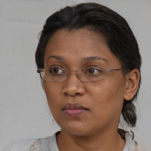Neutral asian adult female with medium  brown hair and brown eyes