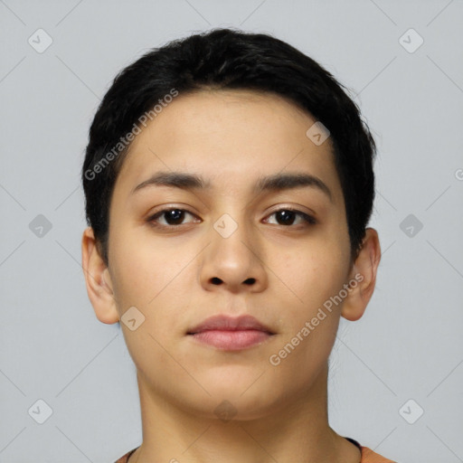 Neutral latino young-adult female with short  black hair and brown eyes