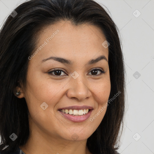 Joyful white young-adult female with long  brown hair and brown eyes