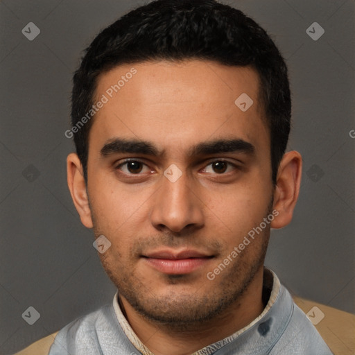 Neutral latino young-adult male with short  black hair and brown eyes