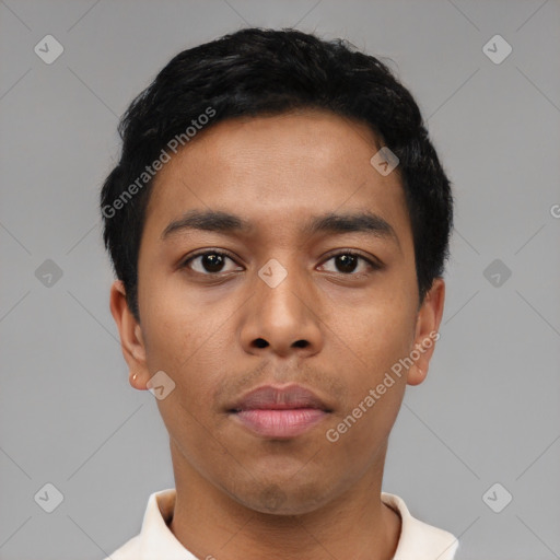 Neutral asian young-adult male with short  black hair and brown eyes