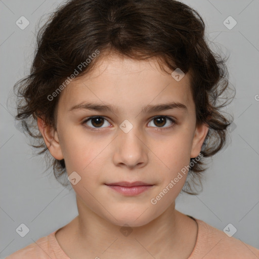 Joyful white child female with medium  brown hair and brown eyes