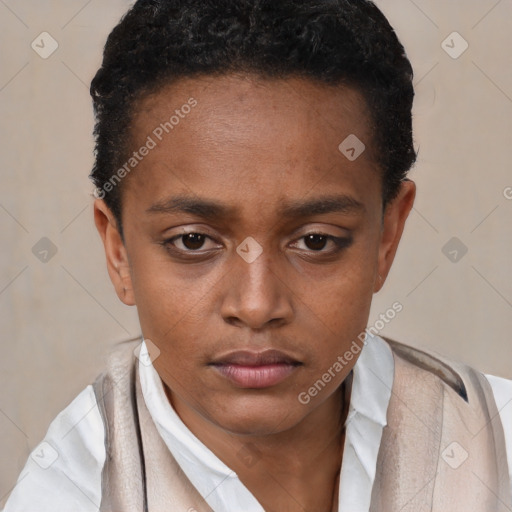 Neutral black young-adult female with short  black hair and brown eyes