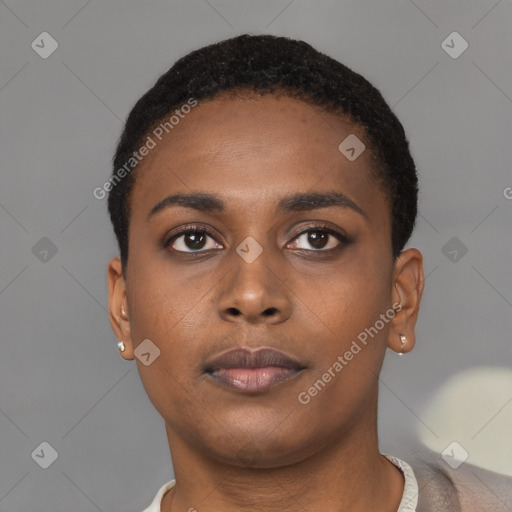 Neutral black young-adult female with short  black hair and brown eyes