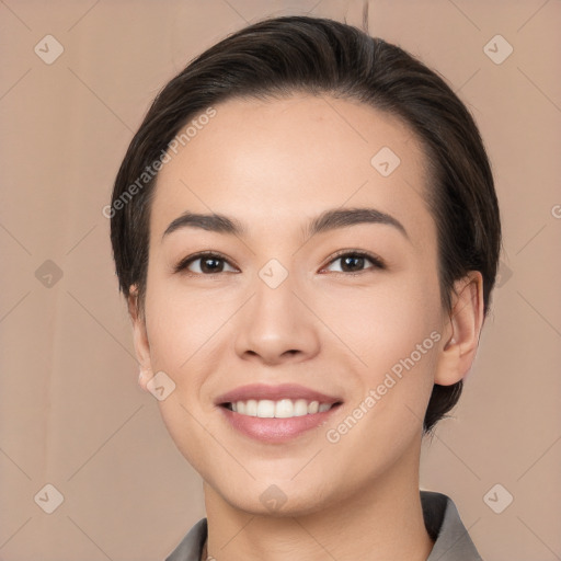 Joyful white young-adult female with medium  brown hair and brown eyes