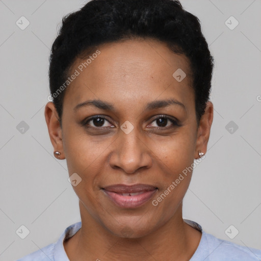 Joyful latino young-adult female with short  black hair and brown eyes