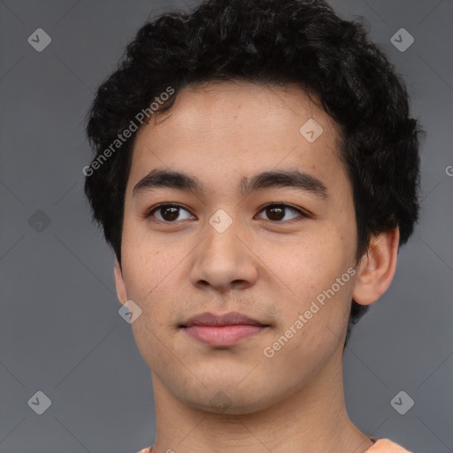 Neutral asian young-adult male with short  black hair and brown eyes