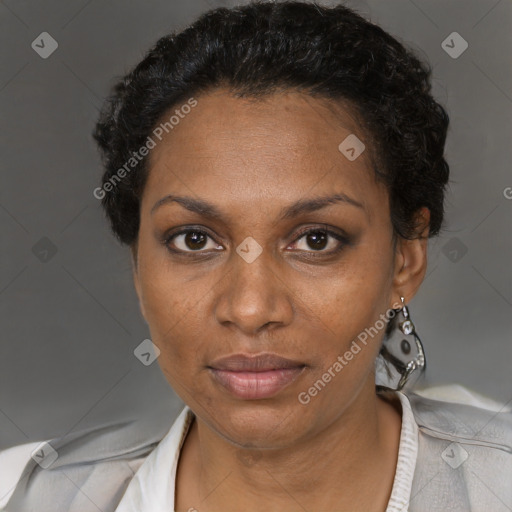 Joyful black adult female with short  black hair and brown eyes