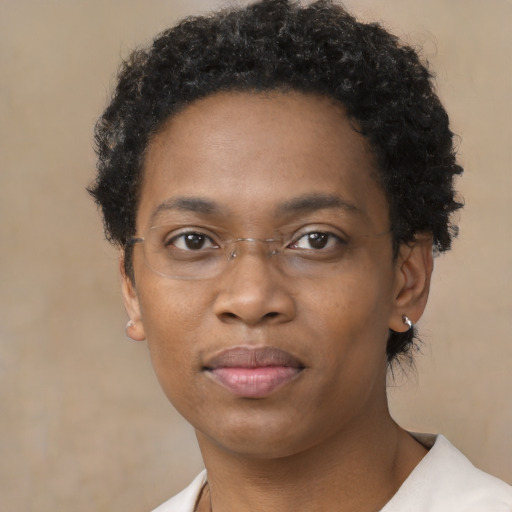 Neutral black adult female with short  brown hair and brown eyes