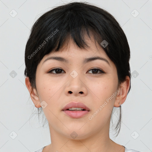 Neutral asian young-adult female with medium  brown hair and brown eyes