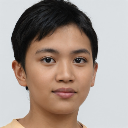 Neutral asian young-adult female with short  brown hair and brown eyes