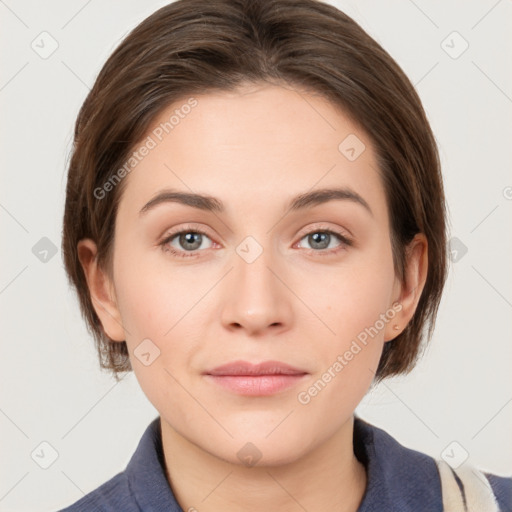 Neutral white young-adult female with medium  brown hair and grey eyes