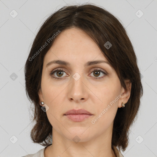 Neutral white young-adult female with medium  brown hair and brown eyes