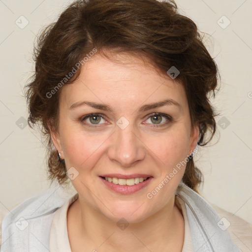 Joyful white young-adult female with medium  brown hair and green eyes